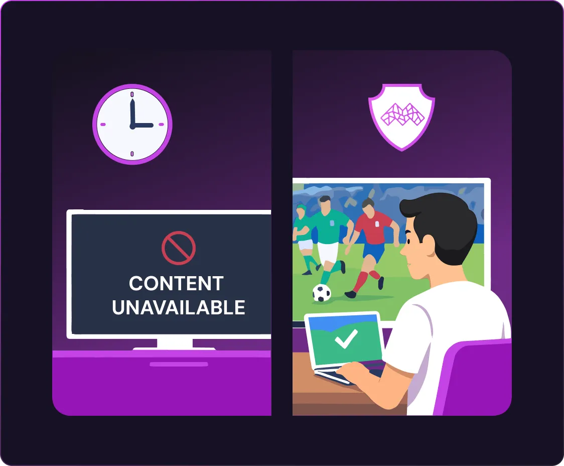 "Split-screen illustration showing a TV with 'Content Unavailable' message on the left, and a person watching a football match on a laptop using a VPN on the right.